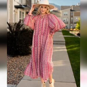 NWT Easel Pink Boho Print Midi Dress Medium Long Sleeve Relaxed Fit Comfortable
